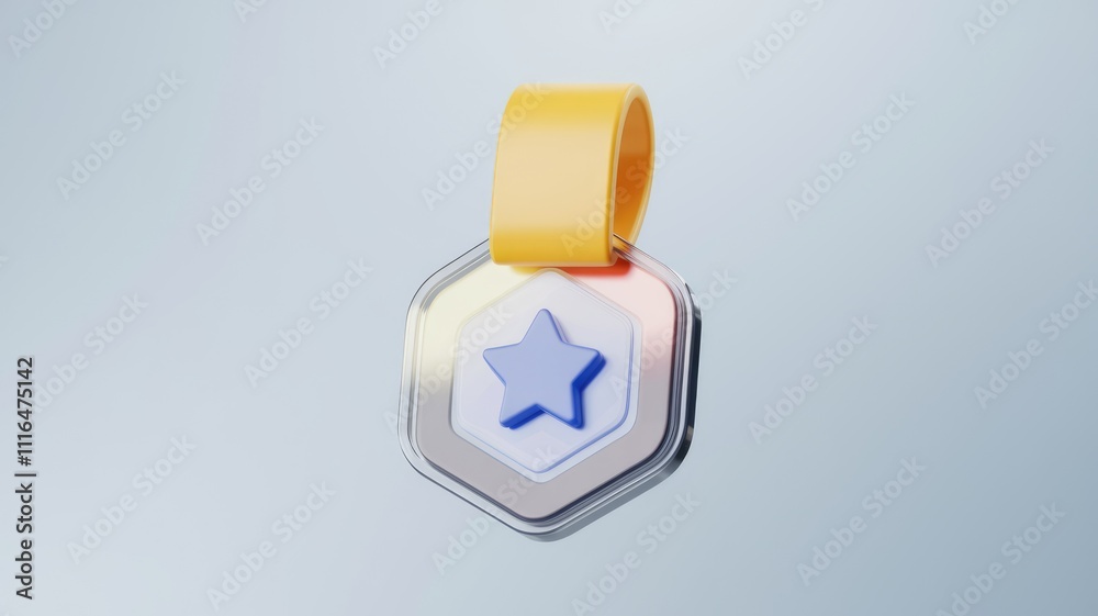 Poster hexagonal badge with a blue star 3d rendered and a yellow hanging loop.