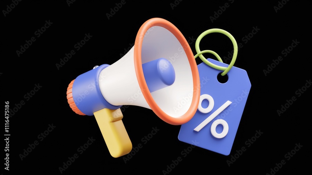 Poster 3d render of a megaphone and a discount tag announcing a sale or promotion.