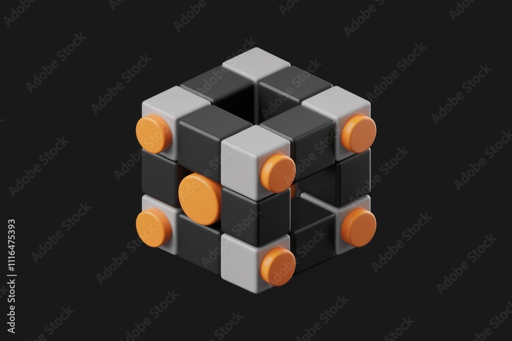 Poster Abstract 3D rendering of a cube structure composed of black  white  and orange blocks.