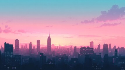 Obraz premium Pink and purple sunset over a stylized cityscape skyline.