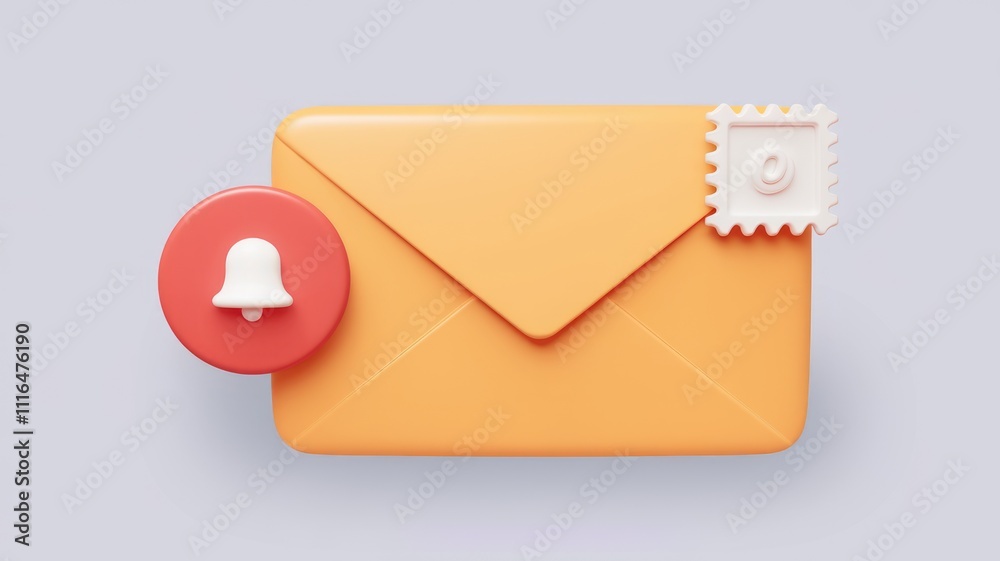 Aufkleber 3D render of an orange email envelope with notification bell and unread message stamp.