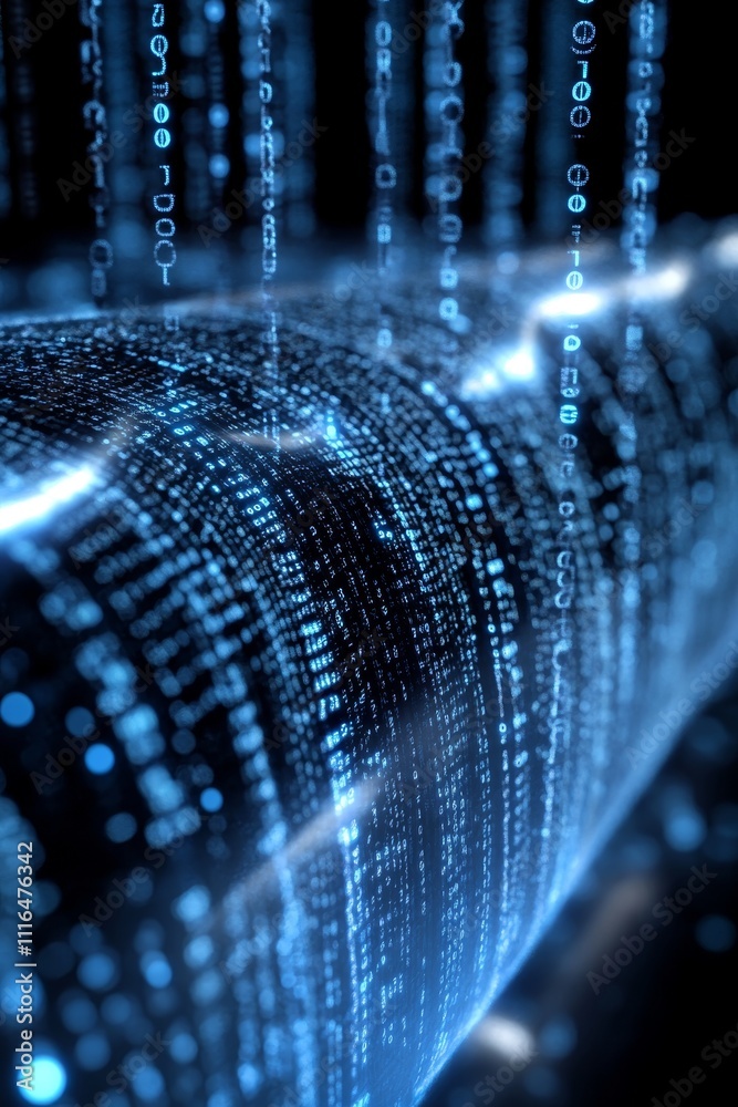 Poster digital data stream, flowing binary code, cybersecurity concept, technology background