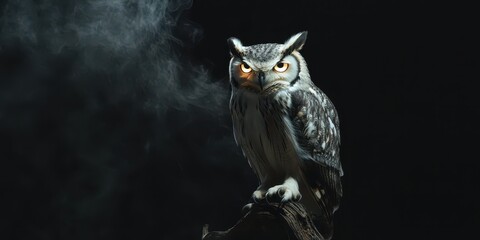 A smoke owl perched on a branch, with radiant wings and glowing eyes, shot on a black background, space for text.