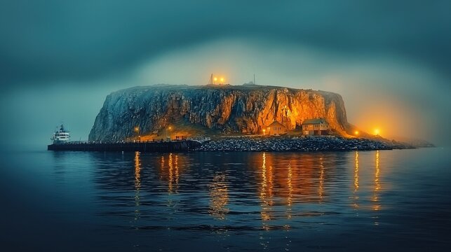 Exploring a mysterious island shrouded in mist with faint light coastal landscape mystical atmosphere aerial view enigmatic nature scene