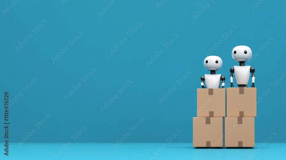 Poster robots handling boxes in a modern warehouse automation environment for sorting and packing