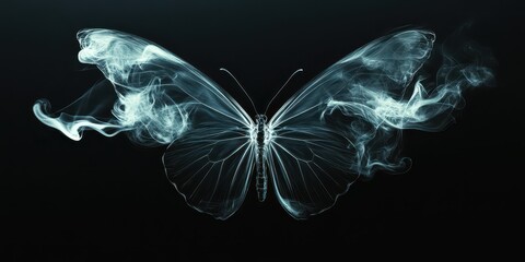 A smoke butterfly&rsquo;s wings slowly fluttering, with glowing tendrils creating a soft ethereal glow, shot on a black background, space for text.