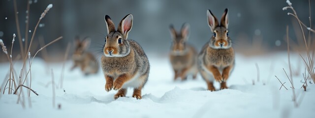 Obraz premium Wild rabbits hopping on snowy field in winter