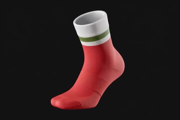 Red athletic sock with white and green stripes  comfortable and stylish.