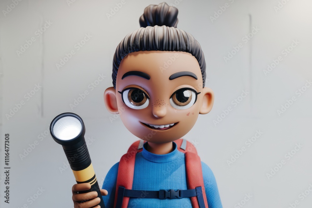 Poster a 3d rendered cartoon child with a backpack holds a flashlight smiling cheerfully.