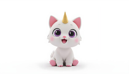 Fluffy 3D image of a bright image with a white background, an extremely cute, realistic female kitten, deep eyes looking into your soul, begging, one golden unicorn horn, kawaii