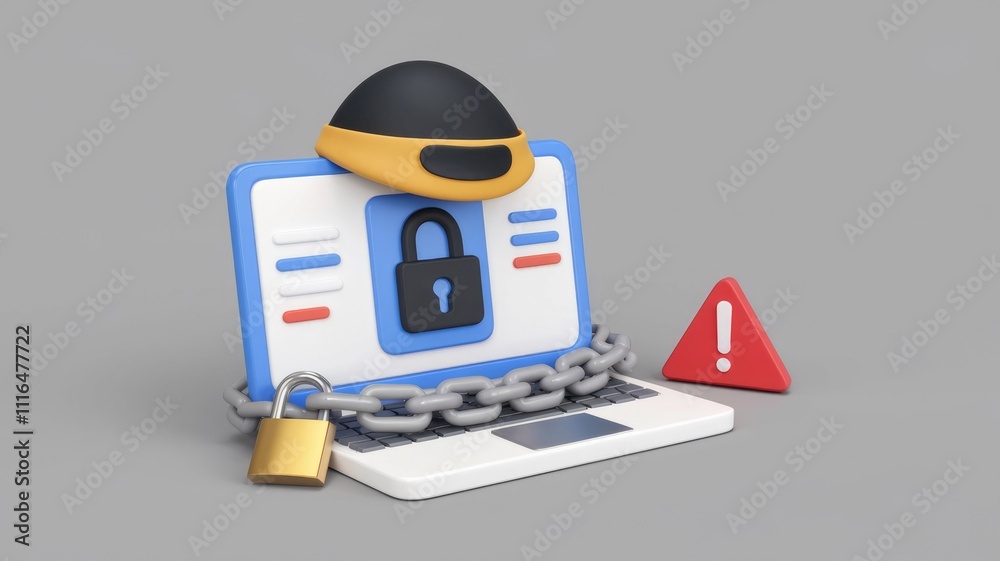 Poster laptop secured with a chain and lock indicating online security and potential threats.