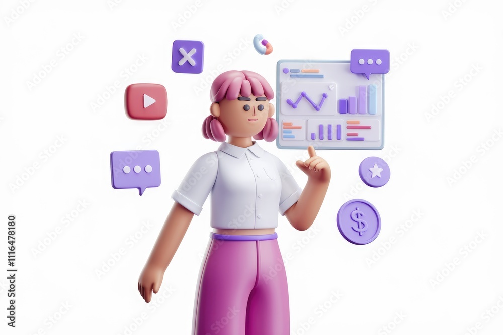 Aufkleber a 3d illustration of a woman analyzing data and social media metrics on a digital dashboard.
