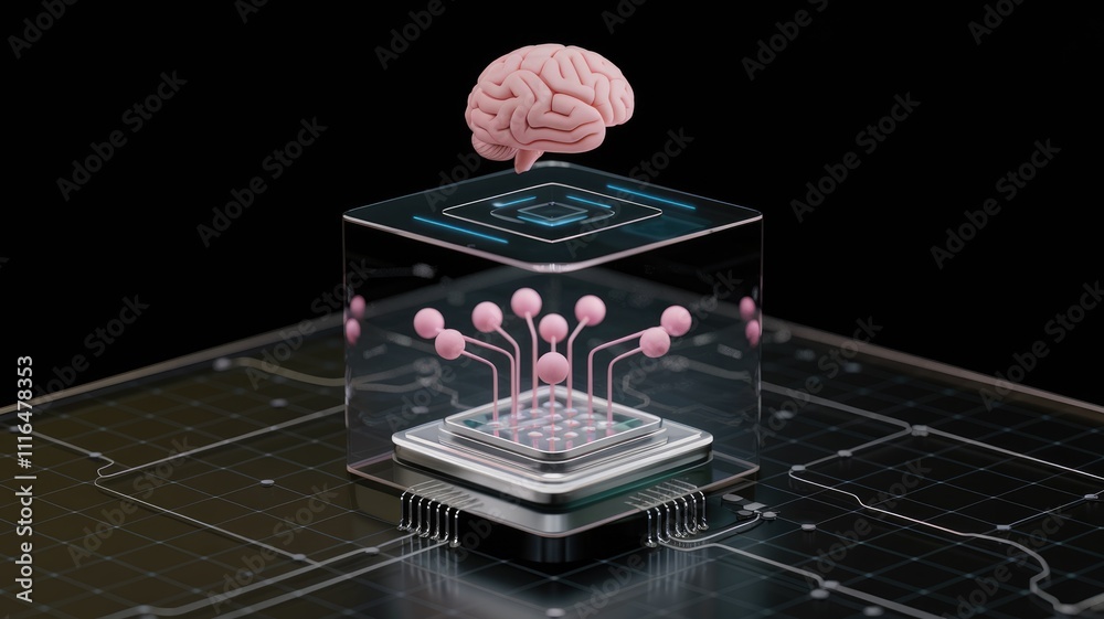 Poster A 3D rendering showcasing a brain connecting to a computer chip  symbolizing AI and neural networks.