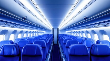 Modern Aircraft Cabin with Empty Blue Seats