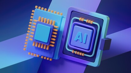AI chip technology  Advancing with 3D rendering of microchip.