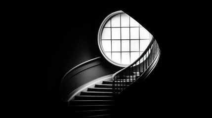 A spiraling staircase illuminated by a large circular window, creating a dramatic contrast.