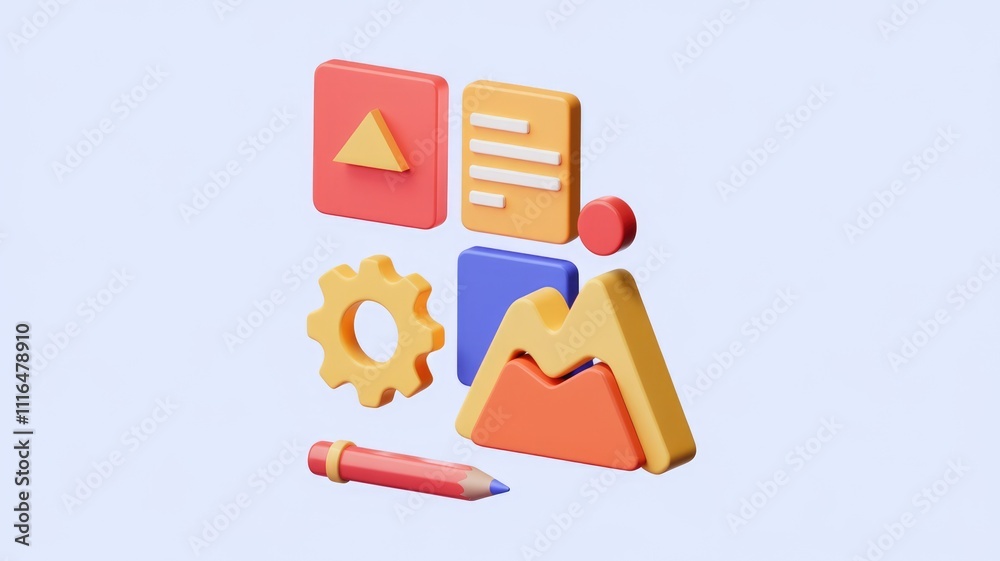 Poster 3D colorful icons representing productivity  creativity  and design process.