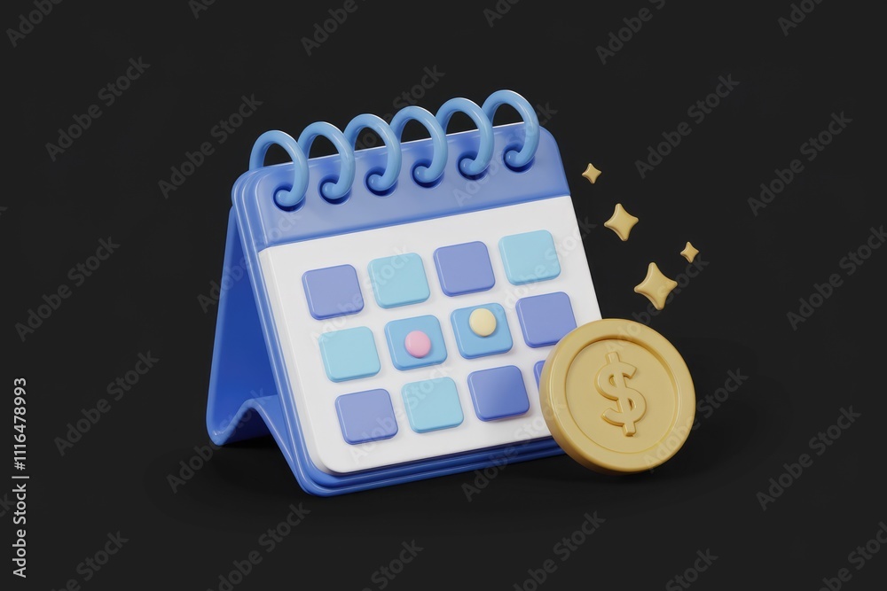 Aufkleber 3d rendered illustration of a calendar with a coin symbolizing financial planning and scheduling.