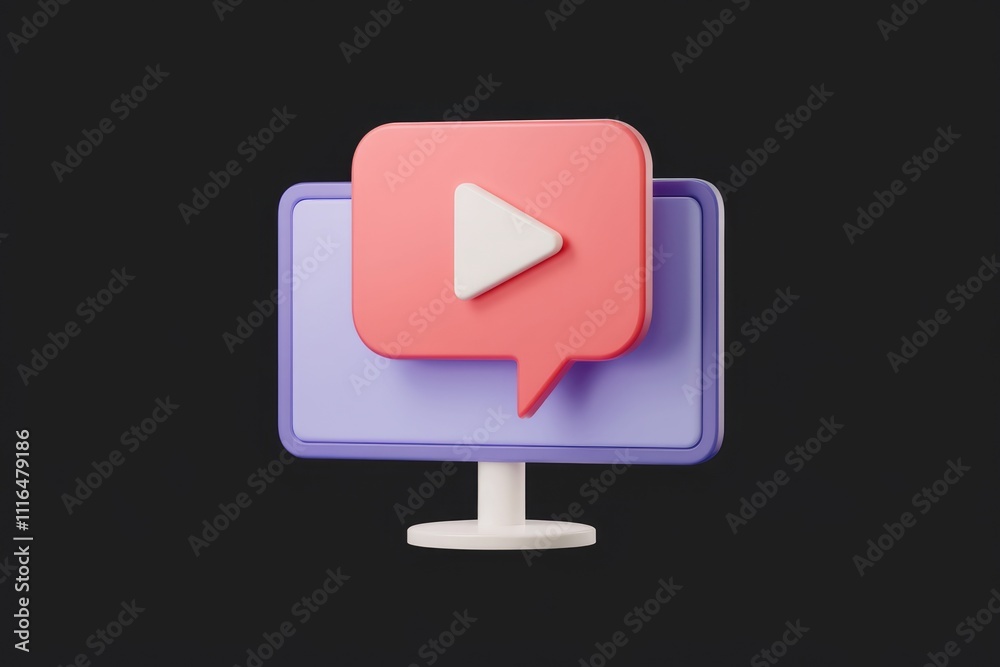 Poster 3D render of computer screen with play button speech bubble.