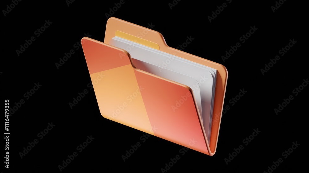 Poster 3D image of orange folder with documents symbolizing organization.