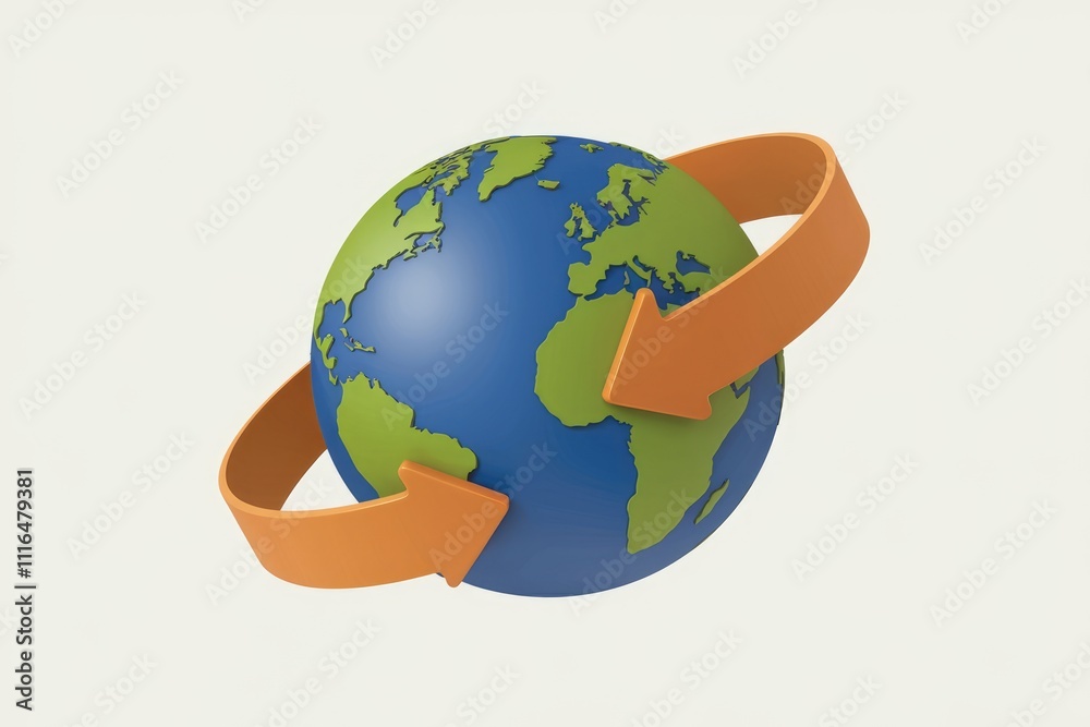 Poster Global interaction visualized with 3D Earth and orbiting arrows.