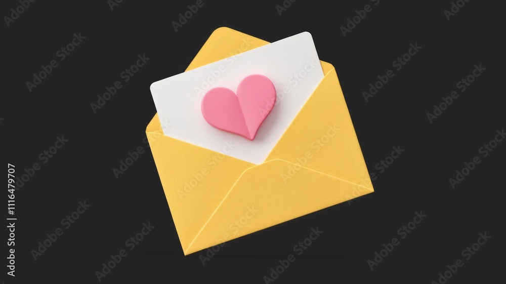 Poster a yellow envelope with a pink heart shaped message inside symbolizing love and affection.