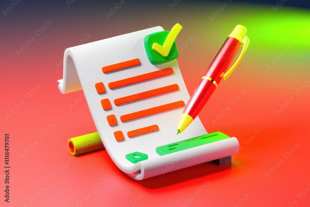 Poster A 3D rendering of a checklist with a pen  signifying completion and task management.