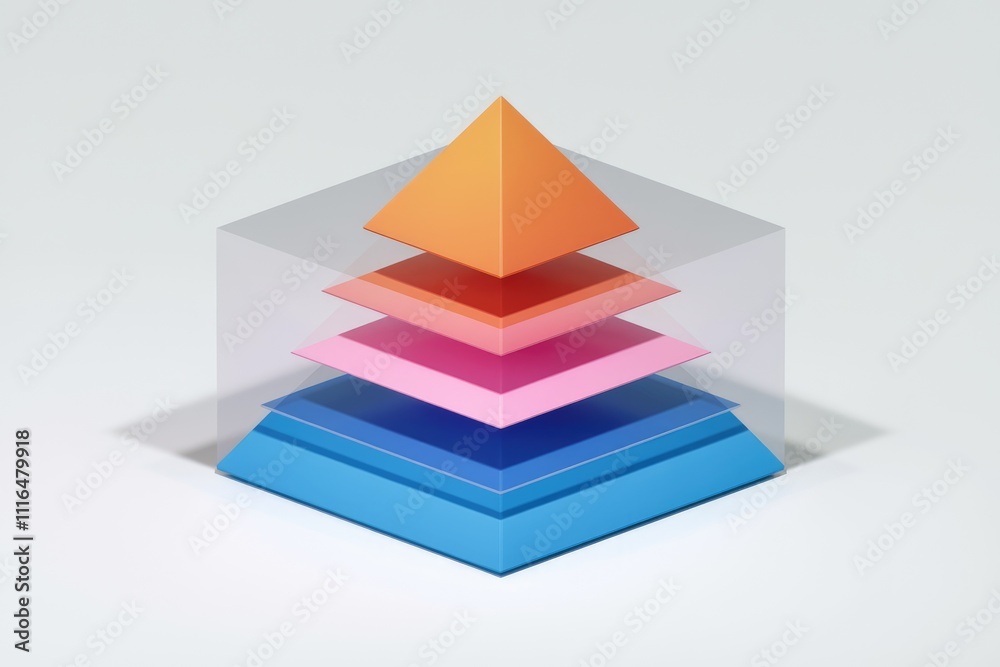 Poster Layered colorful pyramids inside a transparent cube  representing hierarchy or stages.