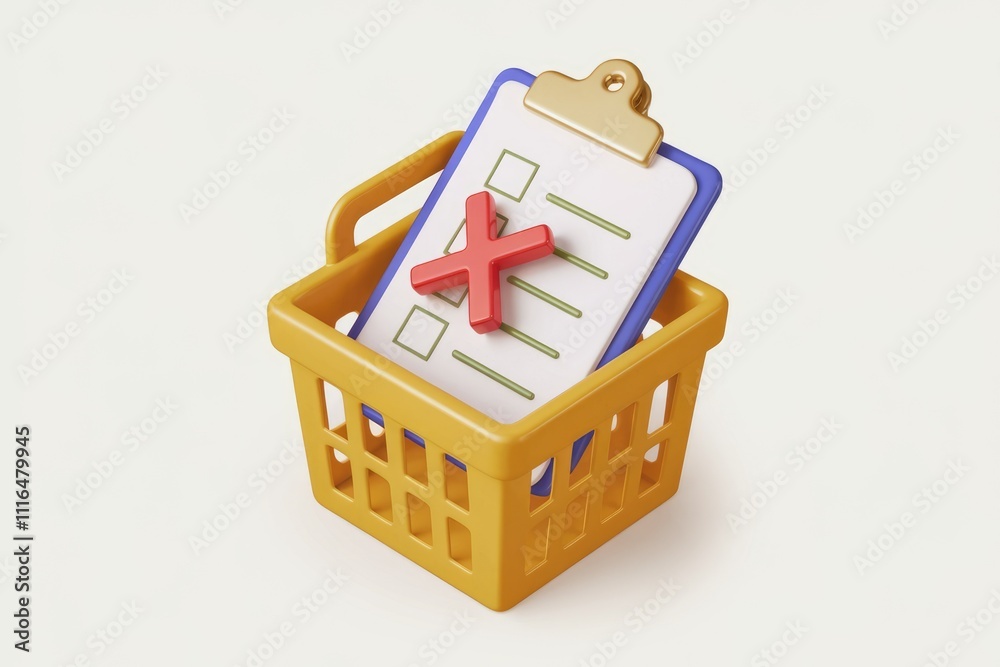 Poster A shopping basket contains a checklist with a red cross  signifying rejected or incomplete items.