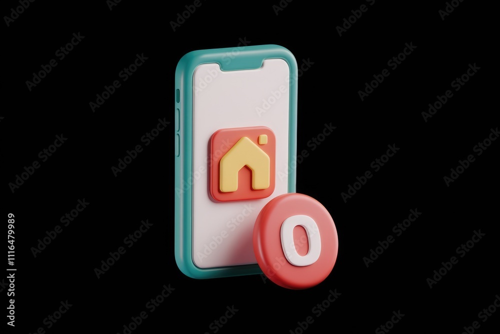 Leinwandbilder 3D render of a smartphone displaying a house icon and a red notification badge with the number zero.