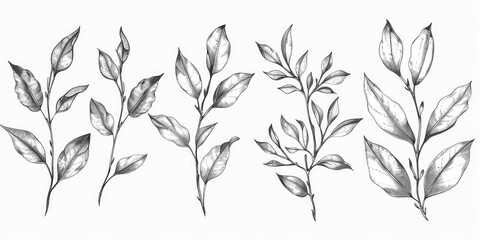 Nature Drawing. Hand-Drawn Collection of Plant Botanical Elements in Elegant Vintage Style