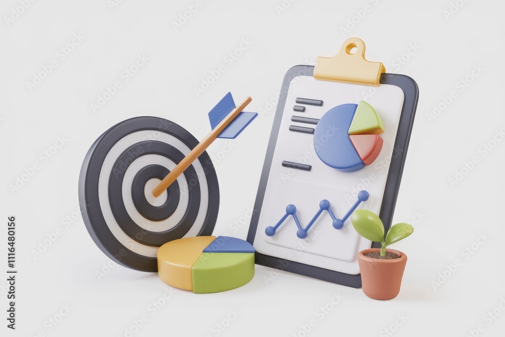 Poster 3d illustration of business success showing target charts and growth.