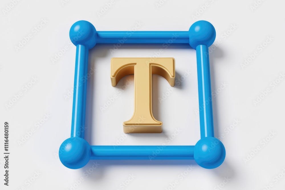 Aufkleber a golden letter t is enclosed within a square frame constructed from blue cylindrical elements.