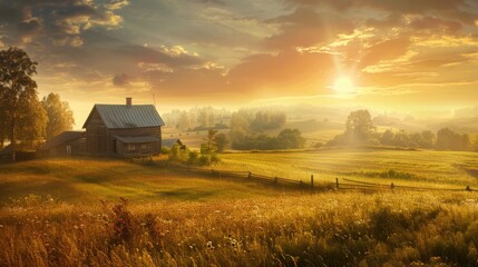 Fototapeta premium Nature Farm. Rural Landscape with Farmland Field and Forest at Sunrise