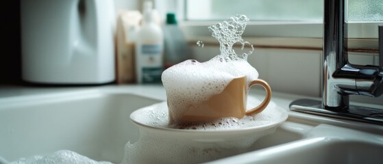 Foam spills over a coffee mug and saucer under the stream of running water, capturing playful chaos in everyday chores.