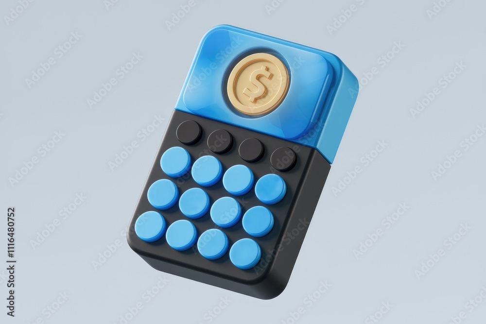 Poster 3D render of calculator with gold coin for finance calculations.