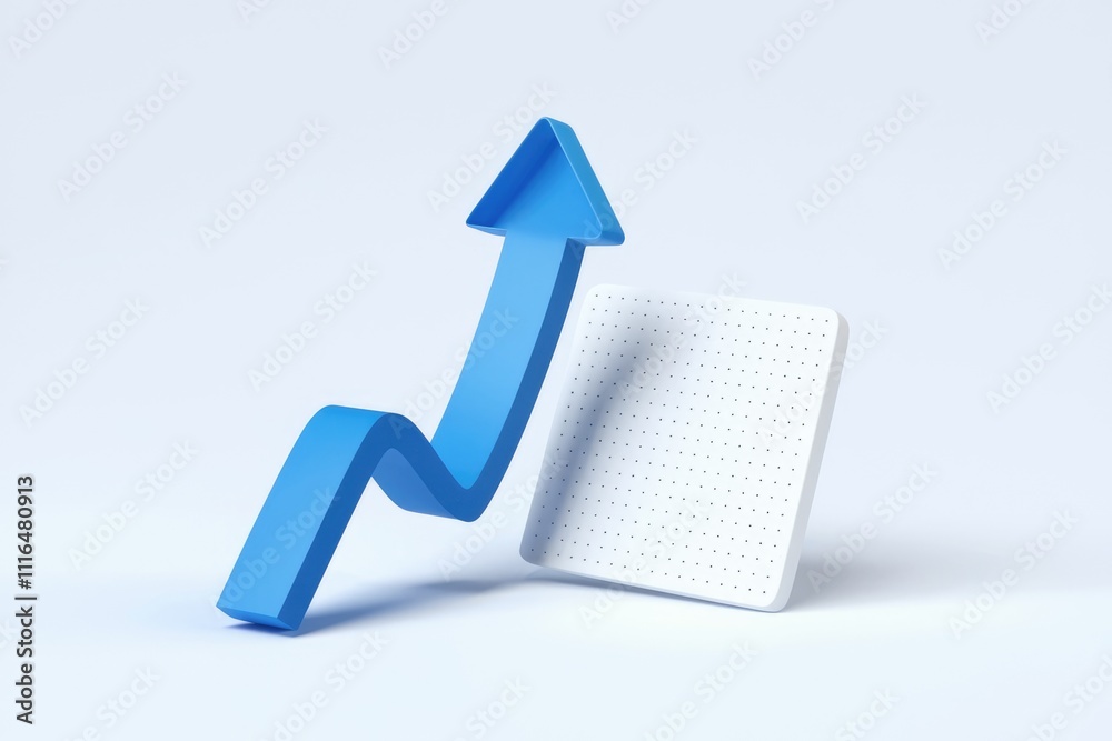 Poster an upward trending blue arrow next to a white perforated square symbolizing growth and progress.