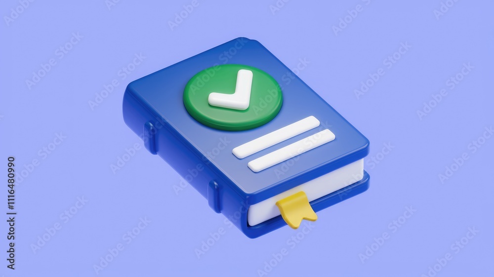 Poster A 3D rendered blue book with a green checkmark  signifying completion or verification.
