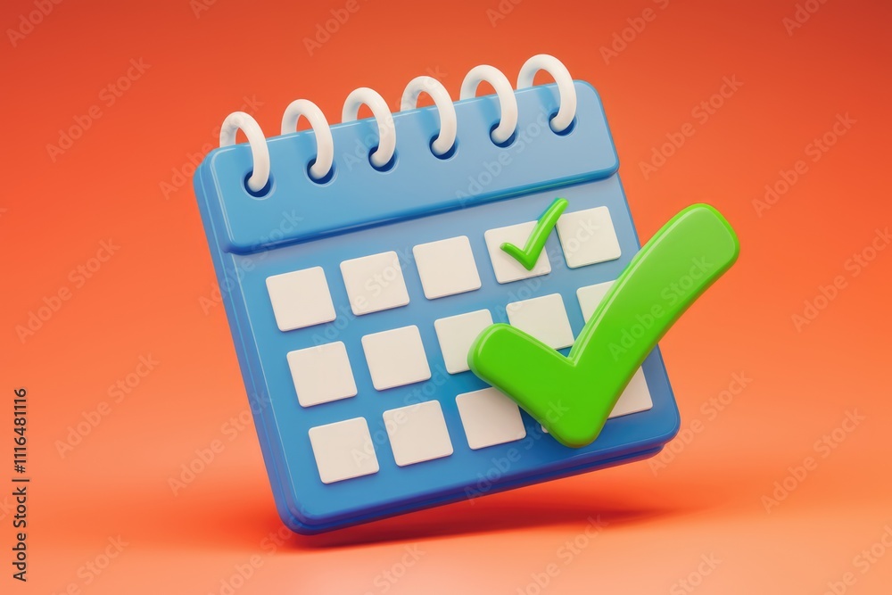 Poster A 3D render of a blue calendar with a green checkmark  symbolizing scheduling and task completion.