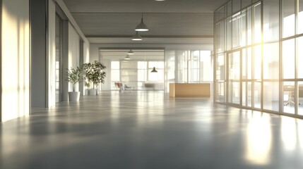 Fototapeta premium Sunlit modern office hallway with large windows and plants.