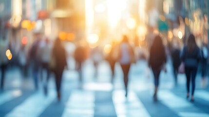 Blurred city scene with walking people, sunset backdrop