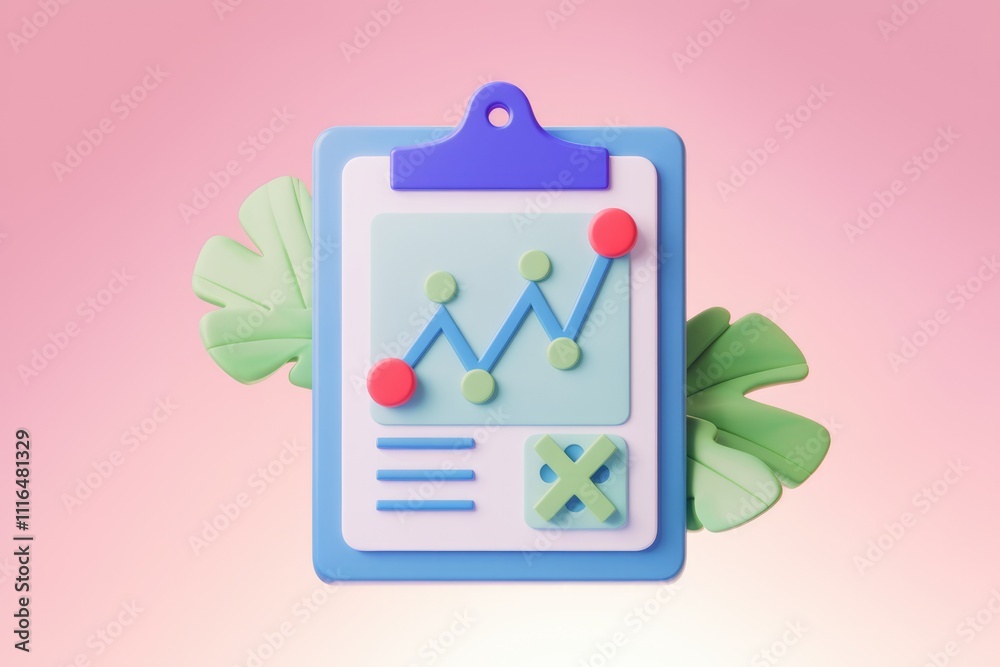 Aufkleber 3D rendering of a clipboard with a graph showing upward trend  checklist and cross mark.