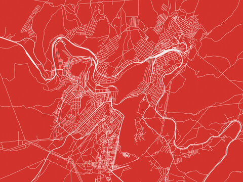 Christmas Map of Zlatoust, Russia in Snowy White on Festive Red Background.