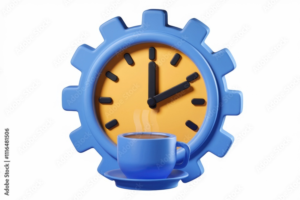 Leinwandbilder A 3D rendering of a gear shaped clock showing the time with a cup of coffee.