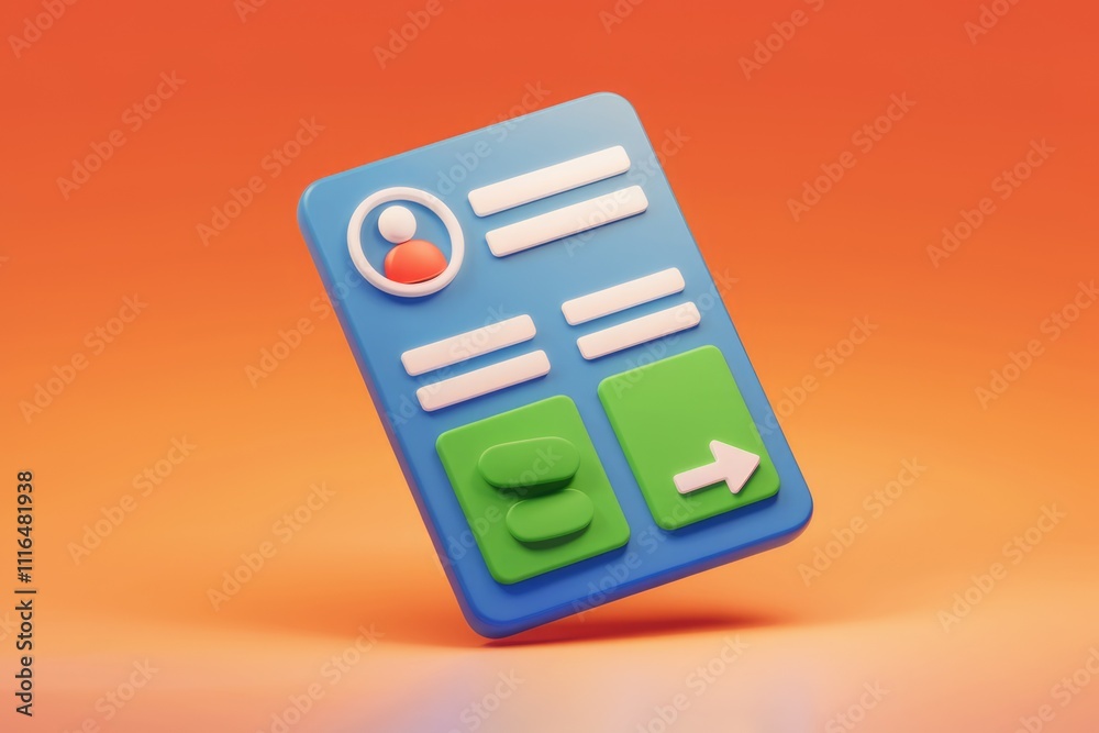 Poster 3D rendering of a user profile interface with navigation buttons and input fields.