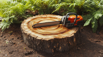 Electric chainsaw resting on a freshly cut tree stump surrounded by vibrant green ferns in a natural outdoor setting, ideal for gardening and eco-friendly projects