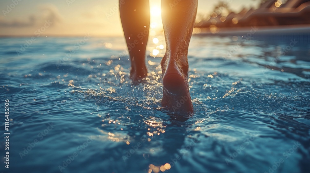 Poster the sun sets on the horizon as someone wades barefoot in the clear water of a pool, creating gentle 