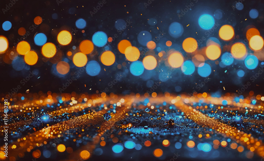 Poster Blurry image of a blue and orange background with many small circles. The circles are of different sizes and colors