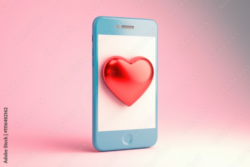 Poster a shiny red heart displayed on a light blue smartphone screen against a pink backdrop.