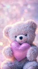 Fluffy teddy bear holding a sparkling pink heart with bokeh background, softness and love concept